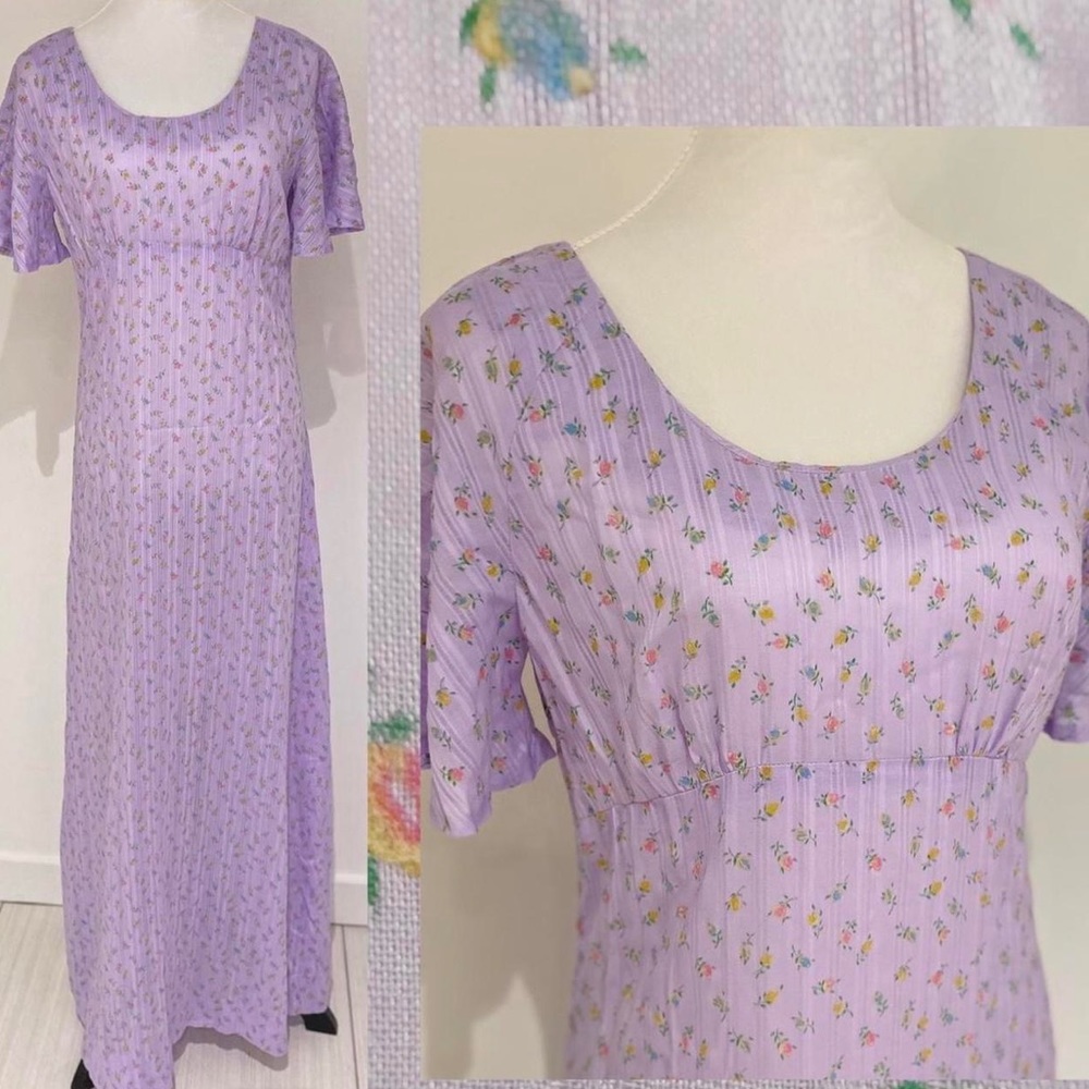 1970s Vintage Purple Floral Summer Prairie Maxi Dress M